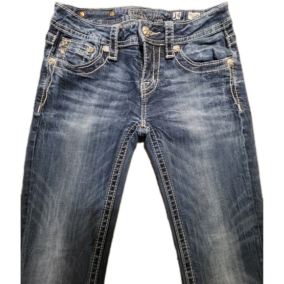 Girls Miss Me Bootcut Jeans Size 14 Medium Wash Thick Stitch Embellished 24x28.5 - Picture 3 of 11